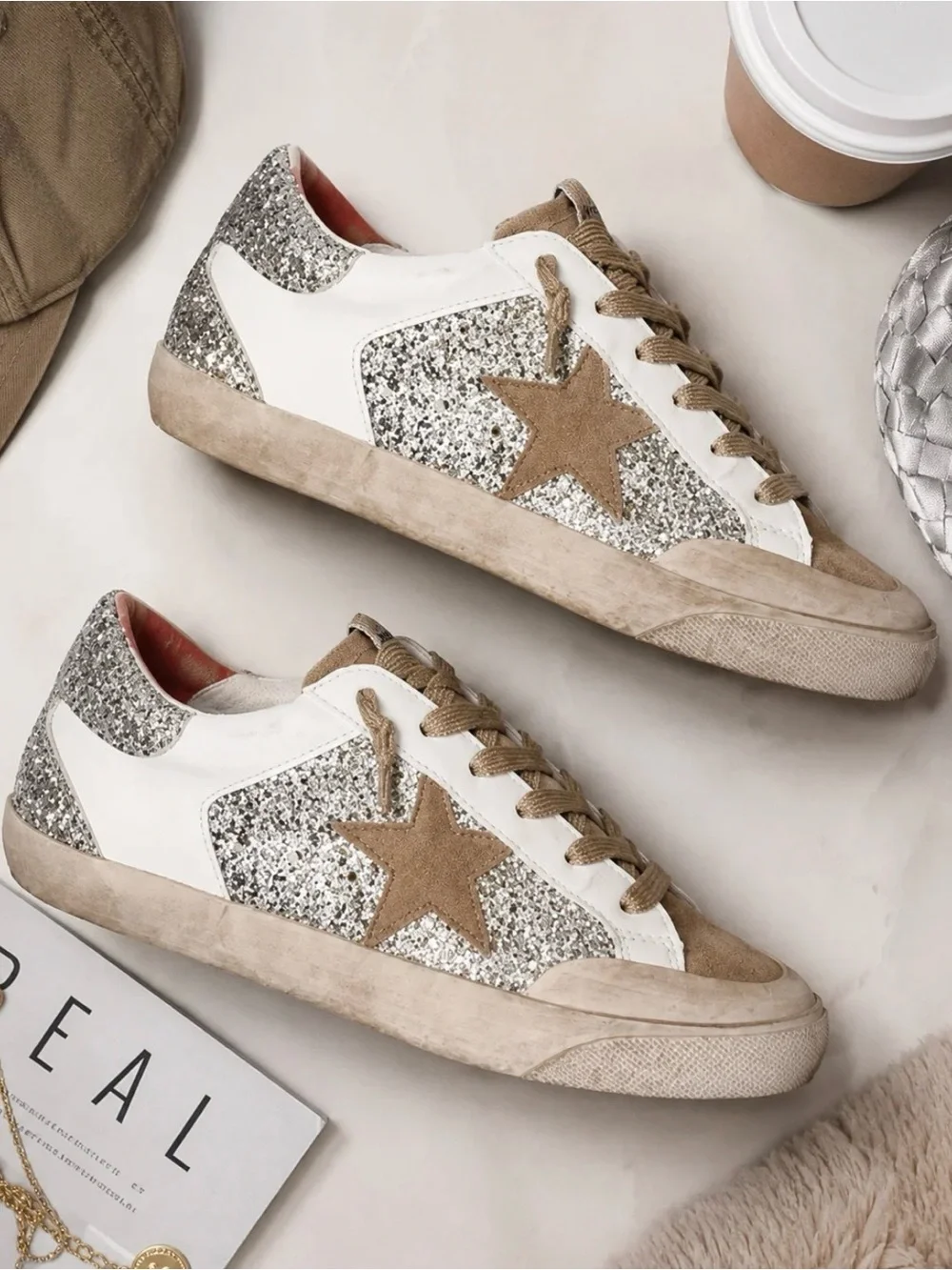 Vintage Silver Glitter and Beige Star Lace-Up Sneakers
